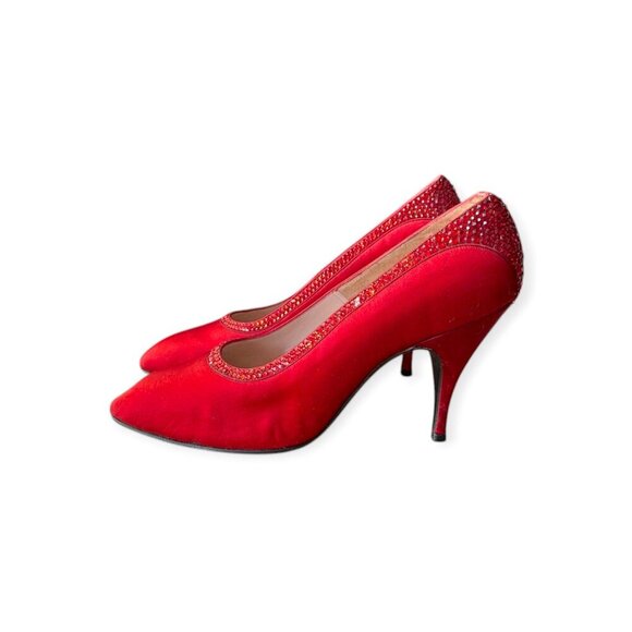 Vintage Delman Red Satin Rhinestone Heels 1950s Size 6B  Cocktail Pumps - Picture 7 of 15